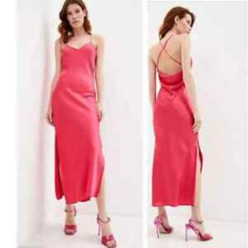 Topshop NWT Hot Pink Cowl Back Satin Slip Dress, Size 4